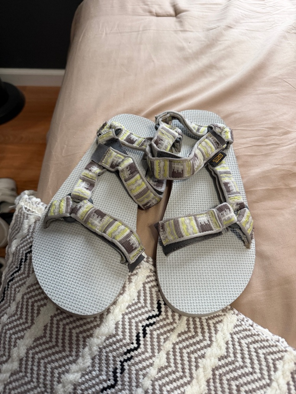 Teva Gray Footbed Sandals with Olive and Cream Straps